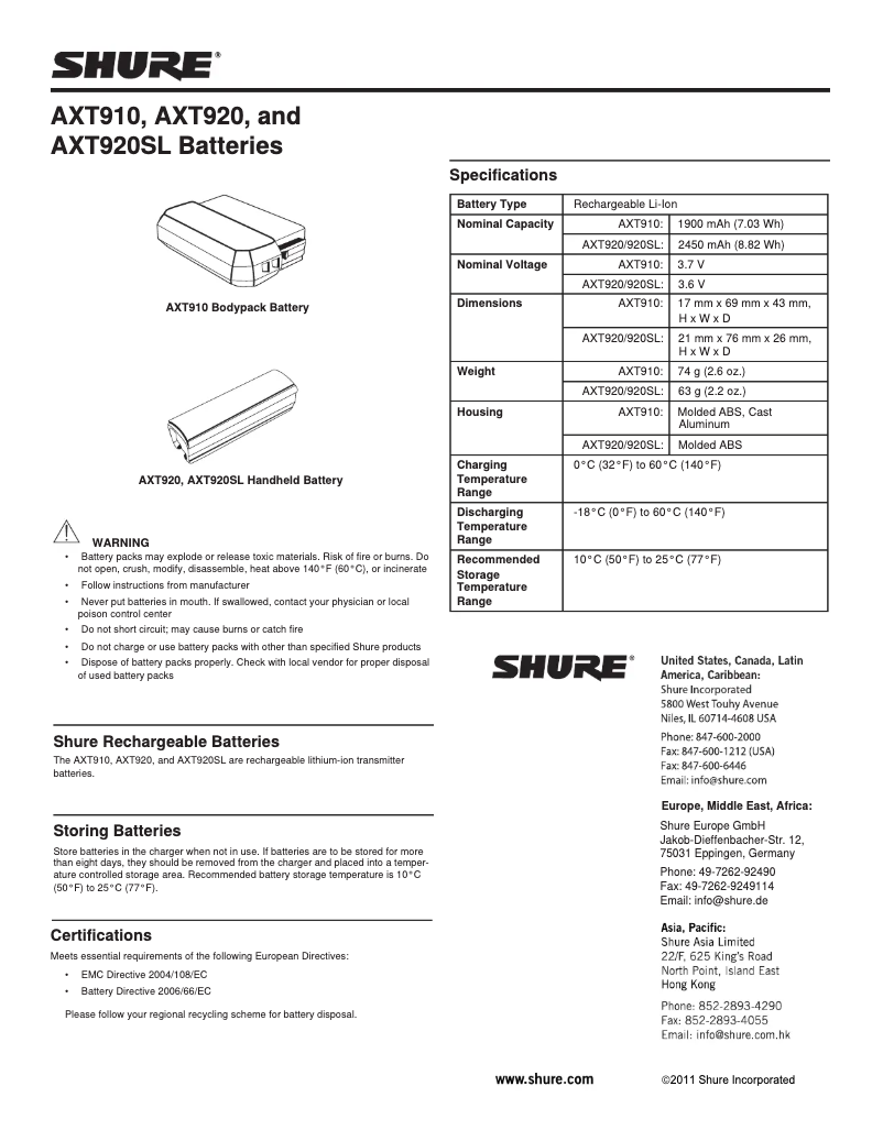 Page 1 de la notice Manuel utilisateur Shure AXT910