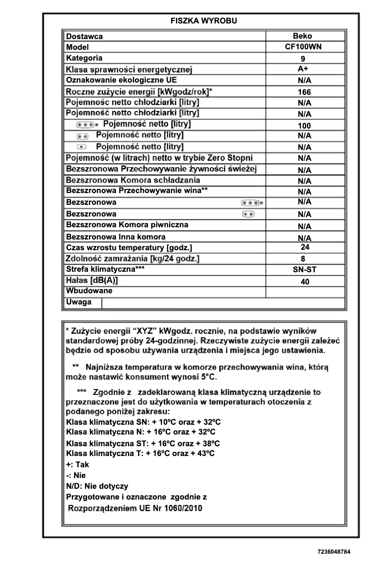 Page 1 de la notice Brochure Beko CF100WN