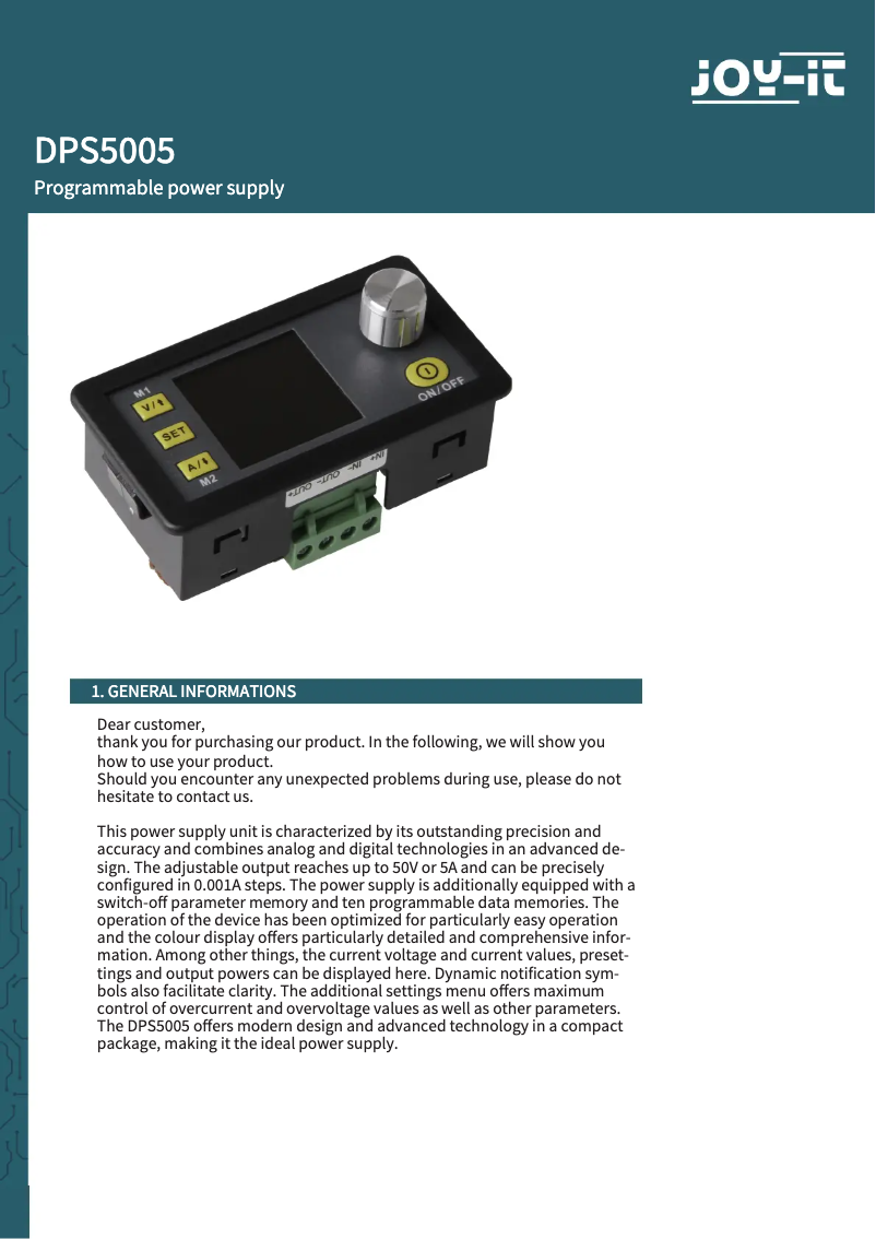 Page 1 de la notice Manuel utilisateur Joy-It JT-DPS5005