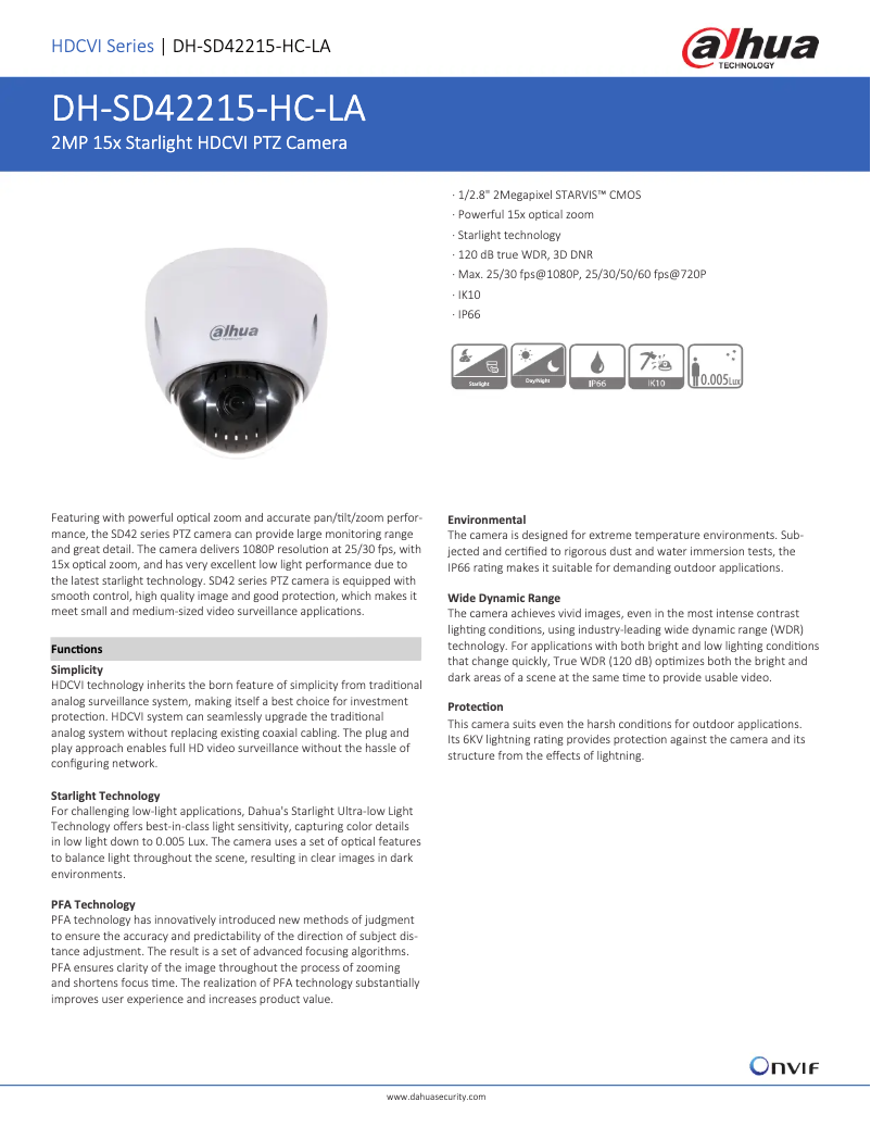 Page 1 de la notice Fiche technique Dahua Technology SD42215-HC-LA