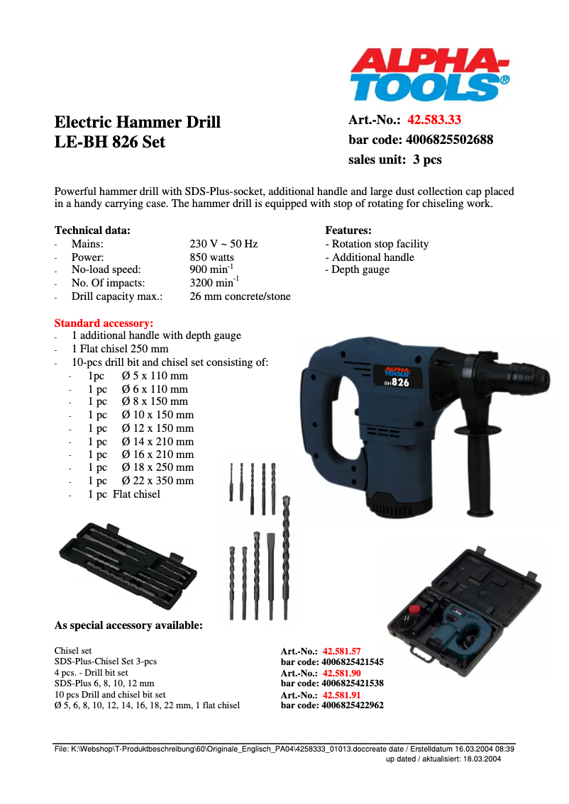 Page 1 de la notice Fiche technique Alpha Tools BH 826