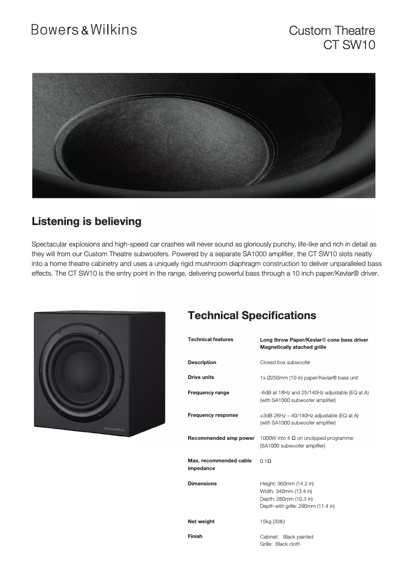 Page 1 de la notice Fiche technique Bowers & Wilkins CT SW12