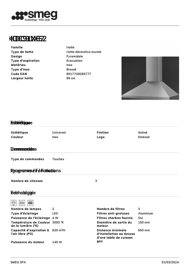 Page 1 de la notice Fiche technique Smeg KDC91XE2