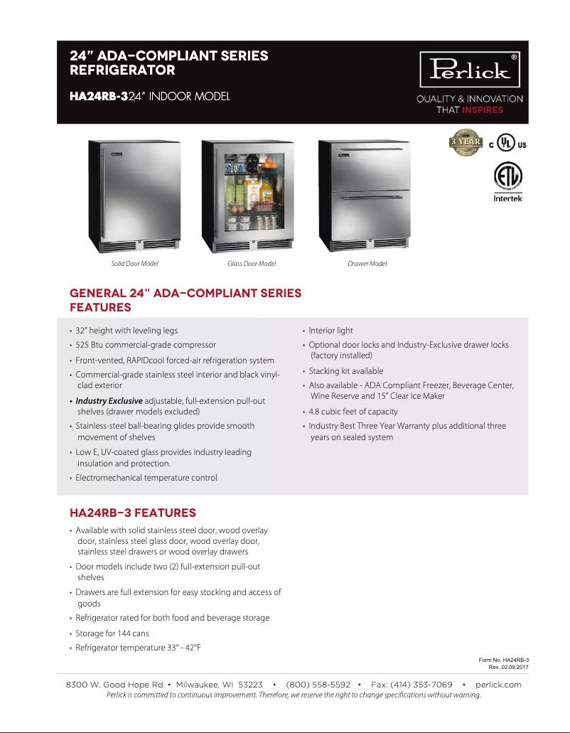 Page 1 de la notice Fiche technique Perlick HA24RB-3-5