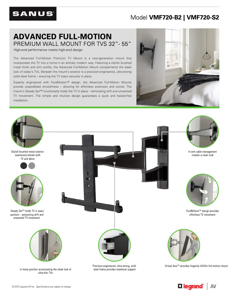 Page 1 de la notice Fiche technique Sanus VMF720-B2