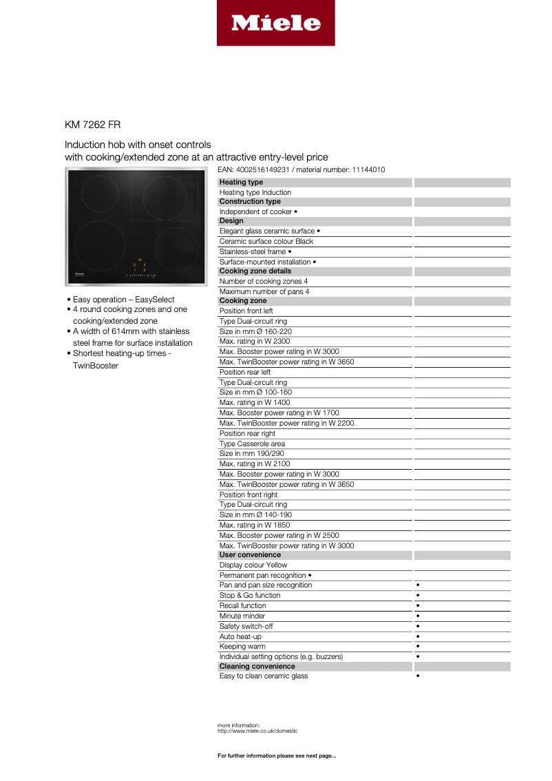 Página 1 del manual Ficha técnica Miele KM 7262 FR