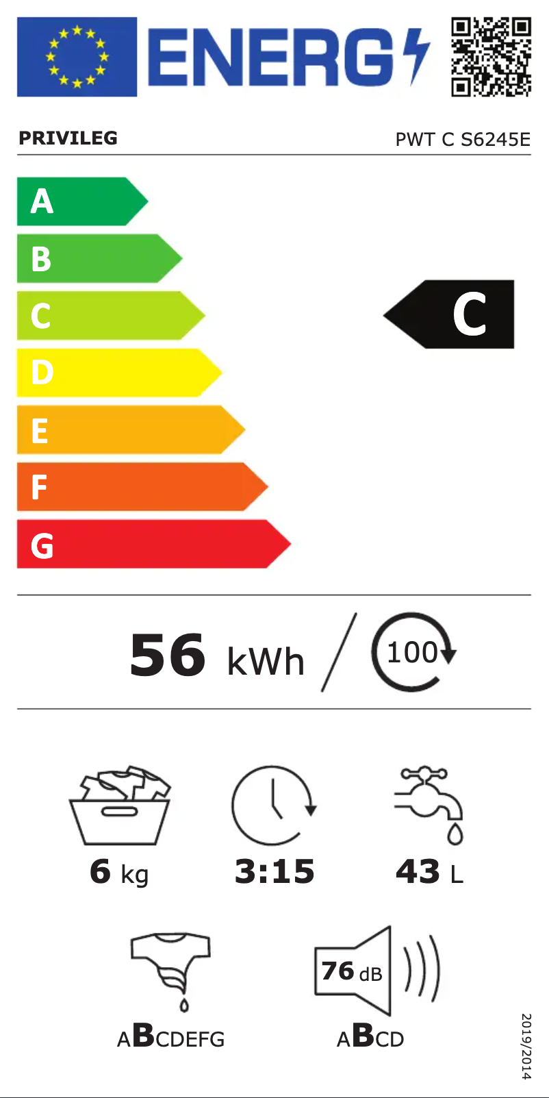 Page 1 de la notice Label énergétique Privileg PWT C S6245E