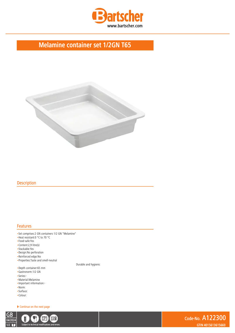 Page 1 de la notice Fiche technique Bartscher A122300