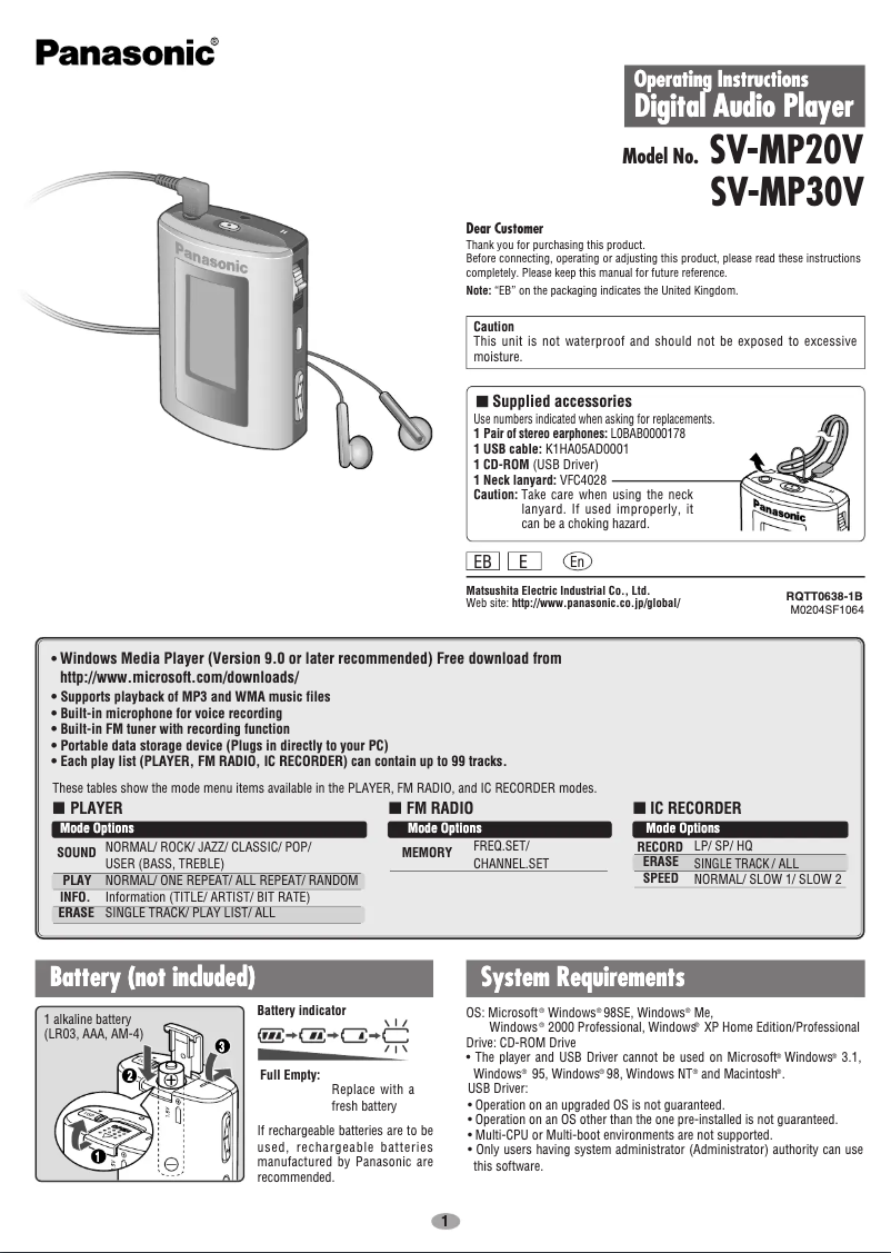 Page 1 de la notice Manuel utilisateur Panasonic SV-MP30V