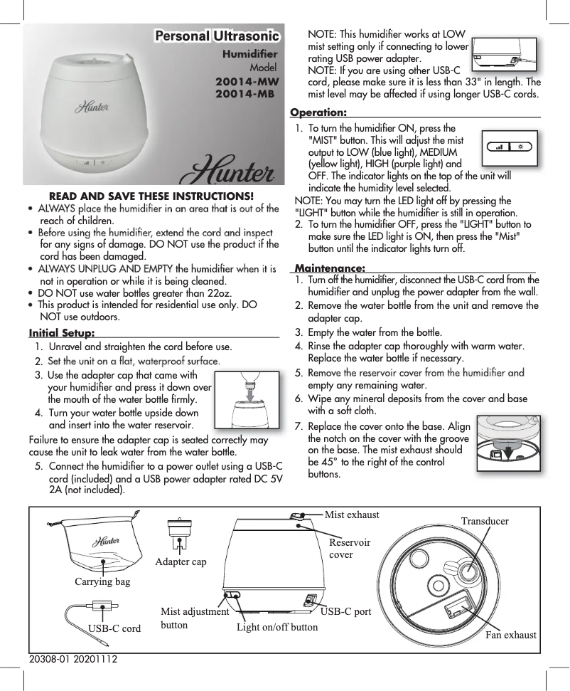 Page 1 de la notice Manuel utilisateur Hunter 20014-MW
