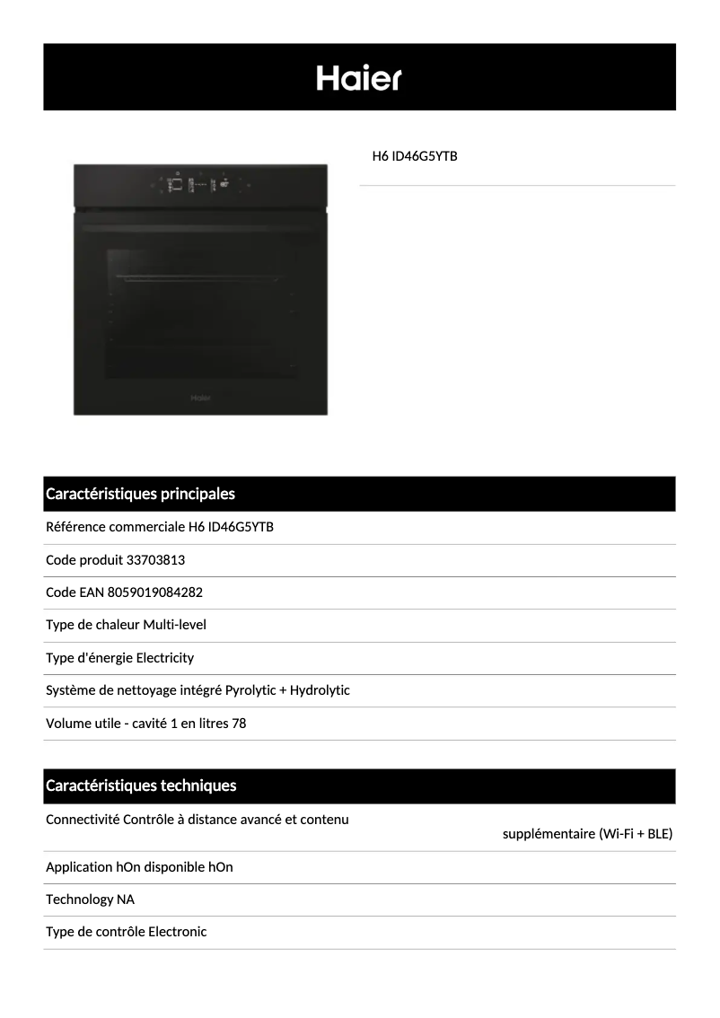 Page 1 de la notice Fiche technique Haier H6 ID46G5YTB