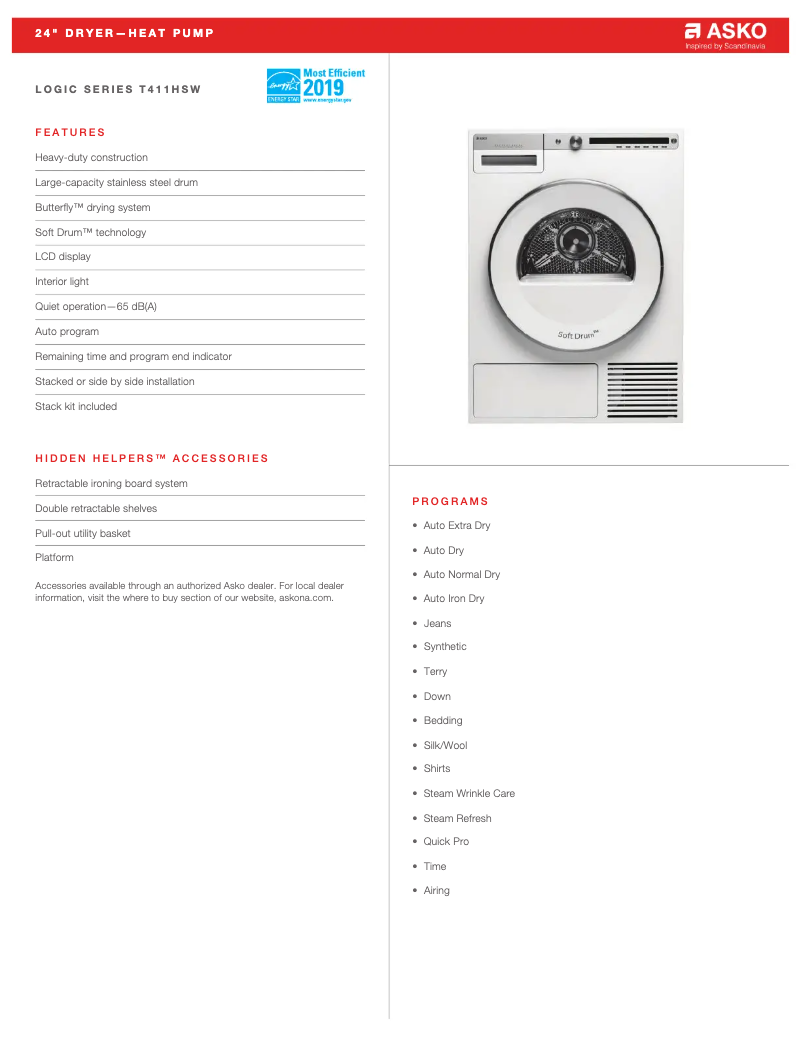Page 1 de la notice Fiche technique Asko T411HSW