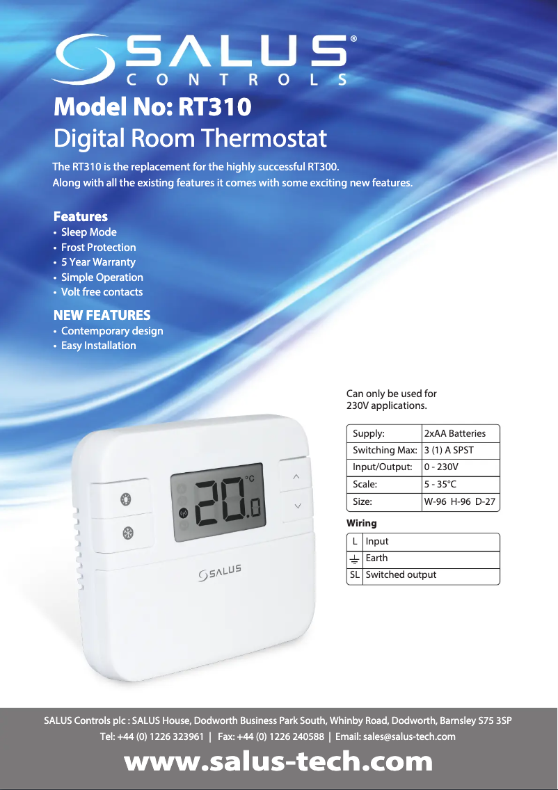 Página 1 del manual Ficha técnica Salus RT310