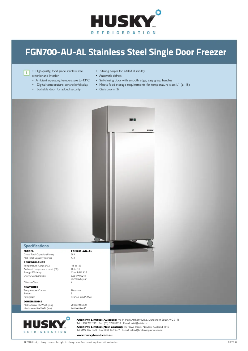 Page 1 de la notice Fiche technique Husky FGN700-AU-AL