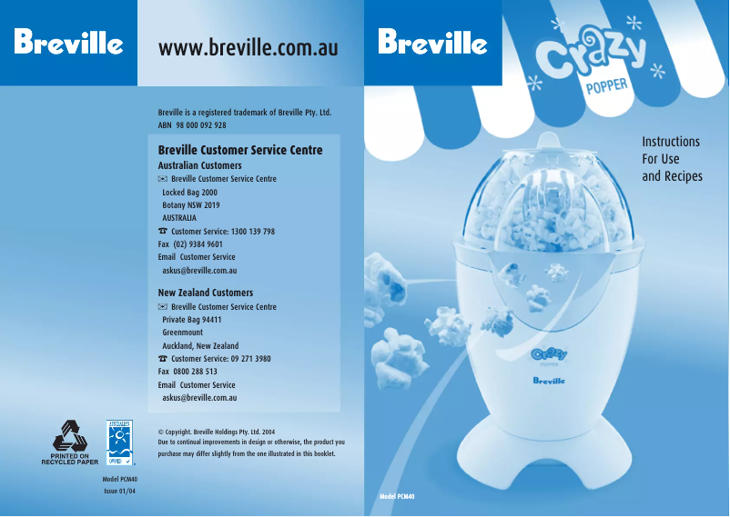 Page 1 de la notice Manuel utilisateur Breville Crazy Popper PCM40