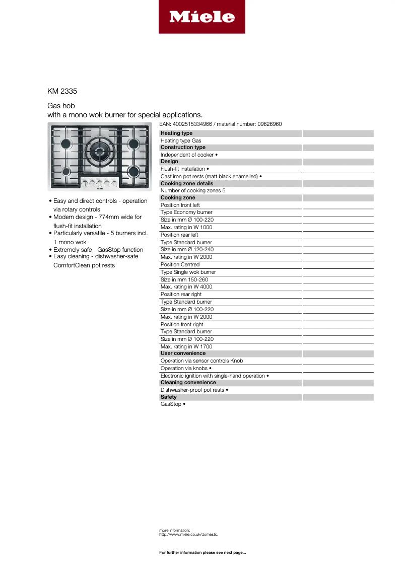 Page 1 of the manual Technical Sheet Miele KM2335