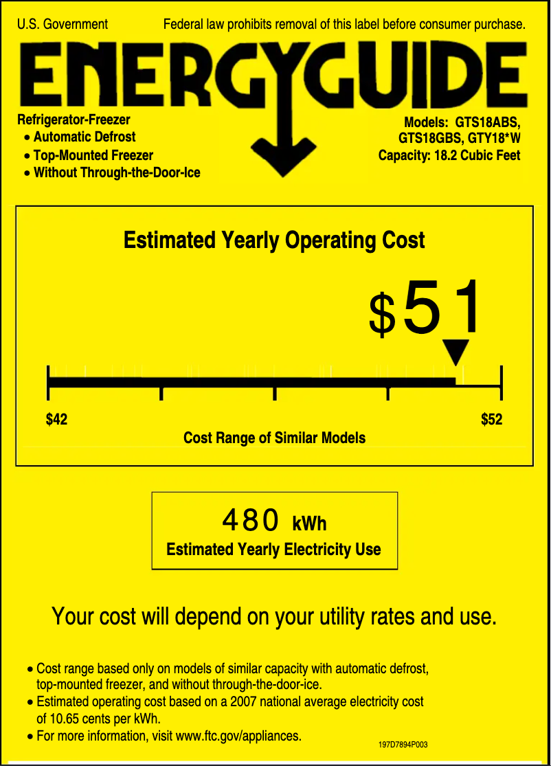 Page 1 de la notice Label énergétique GE GTS18ABSLWW