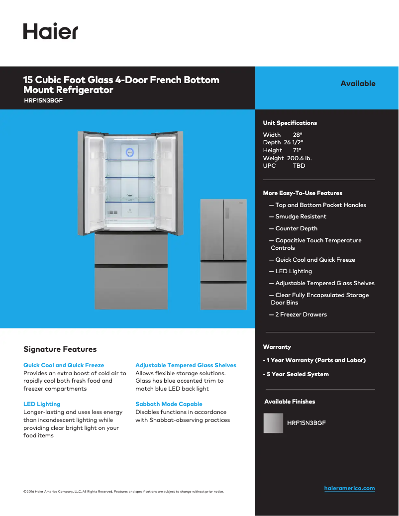 Page 1 de la notice Fiche technique Haier HRF15N3BGF