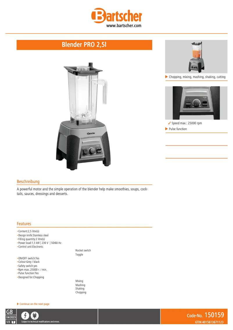 Página 1 del manual Ficha técnica Bartscher 300412