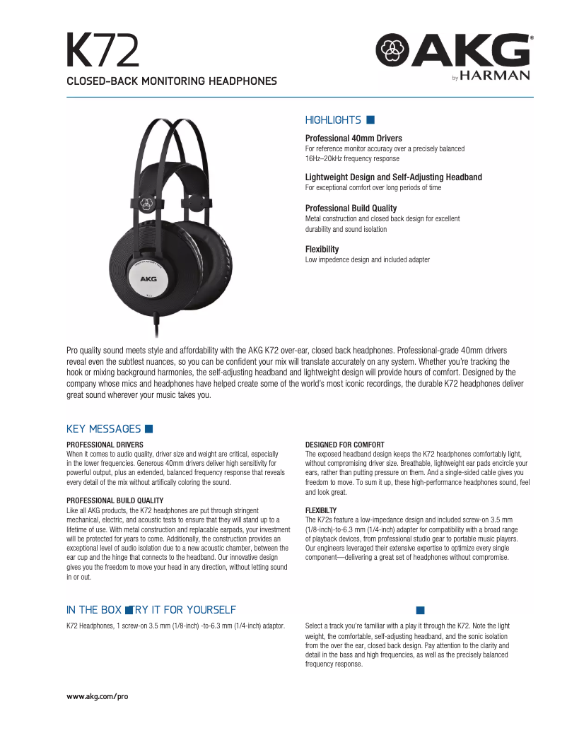 Page 1 de la notice Fiche technique AKG K72