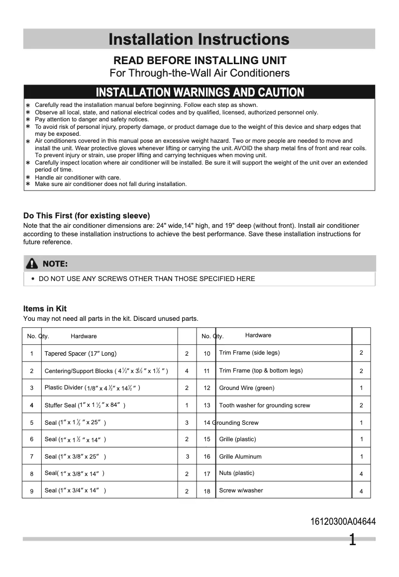 Page 1 de la notice Guide d'installation Frigidaire FFTH1022R2