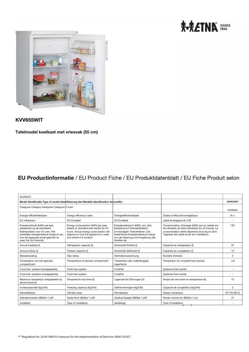 Page 1 de la notice Fiche technique Etna KVV655WIT