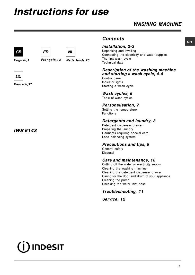 Página 1 del manual Manual de usuario Indesit IWB 6143