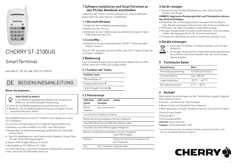 Page 1 de la notice Manuel utilisateur Cherry SmartTerminal ST-2100