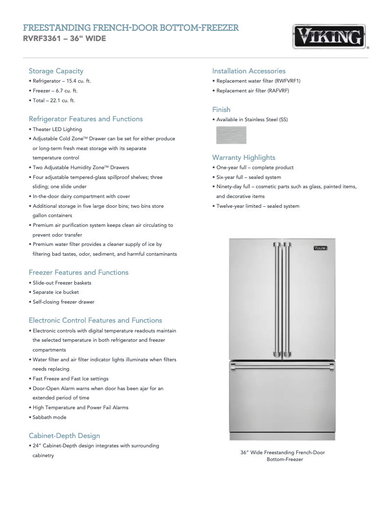 Page 1 of the manual Technical Sheet Viking RVRF3361SS