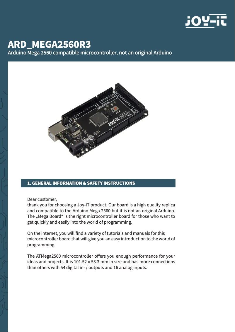 Page 1 de la notice Manuel utilisateur Joy-It ARD MEGA2560R3