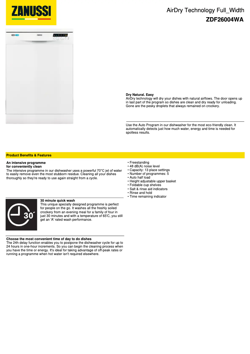 Page 1 de la notice Fiche technique Zanussi ZDF26004WA