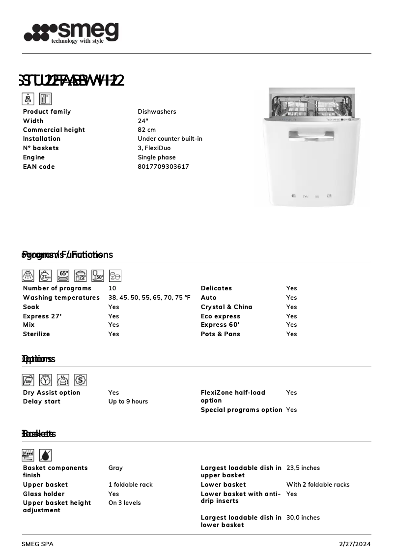 Page 1 de la notice Fiche technique Smeg STU2FABWH2
