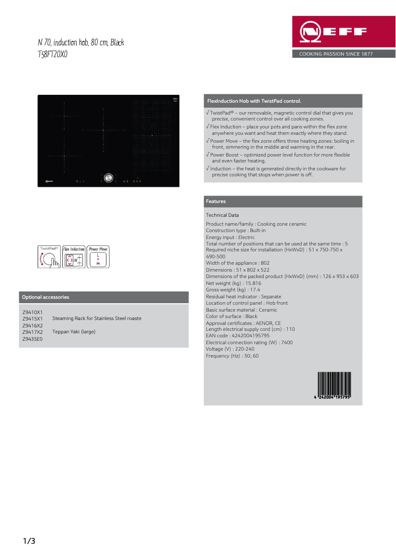 Page 1 of the manual Technical Sheet Neff T58FT20X0