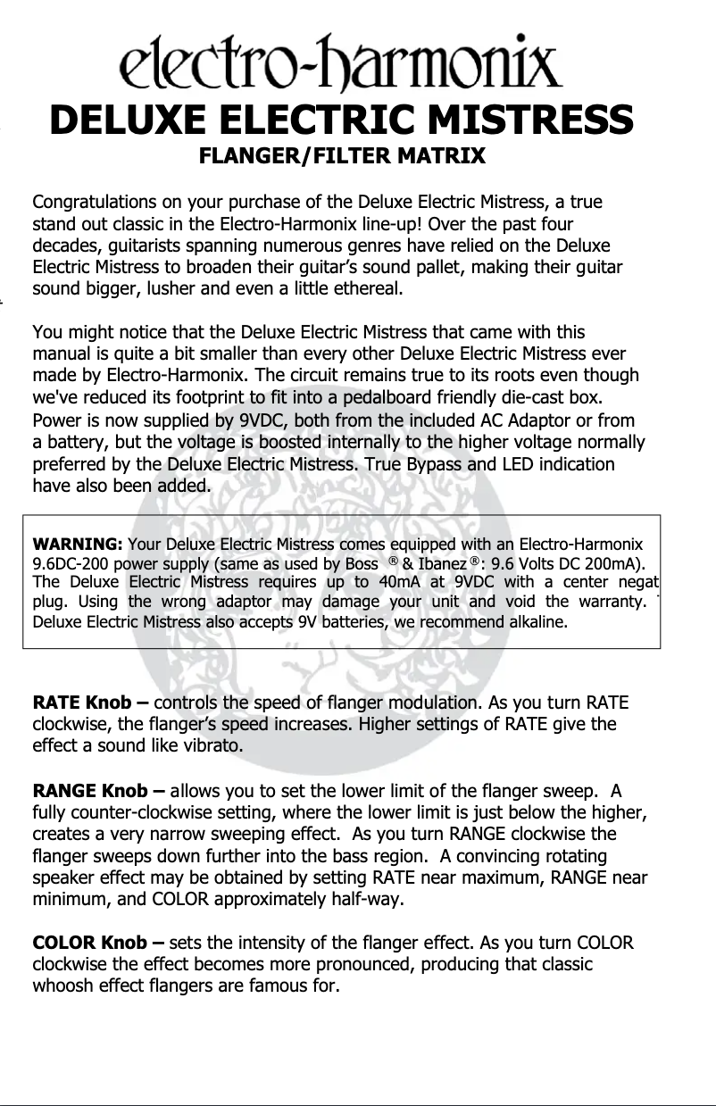 Page 1 de la notice Manuel utilisateur Electro Harmonix Deluxe Electric Mistress