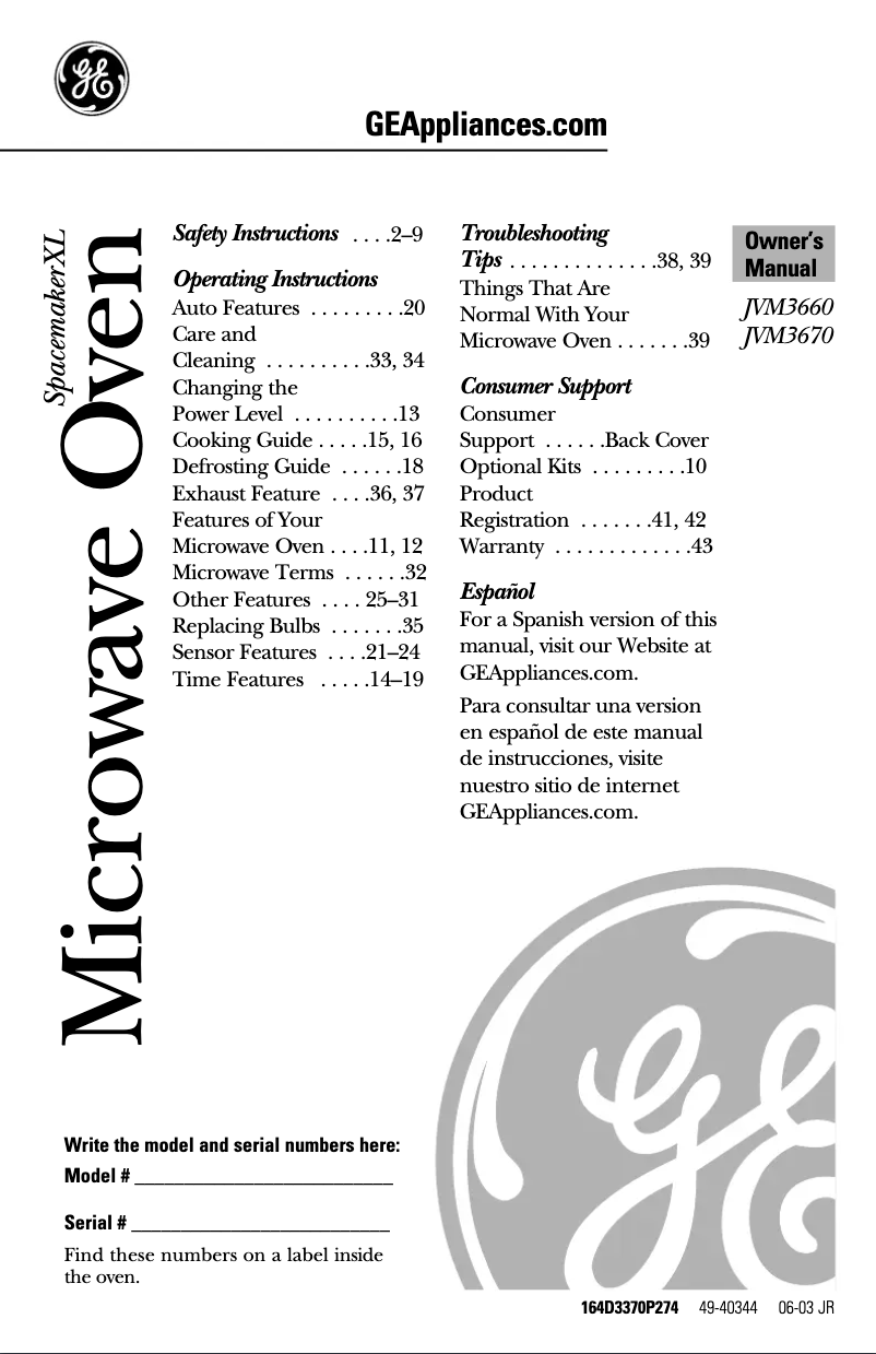 Página 1 del manual Manual de uso y mantenimiento GE Profile JVM3660WF