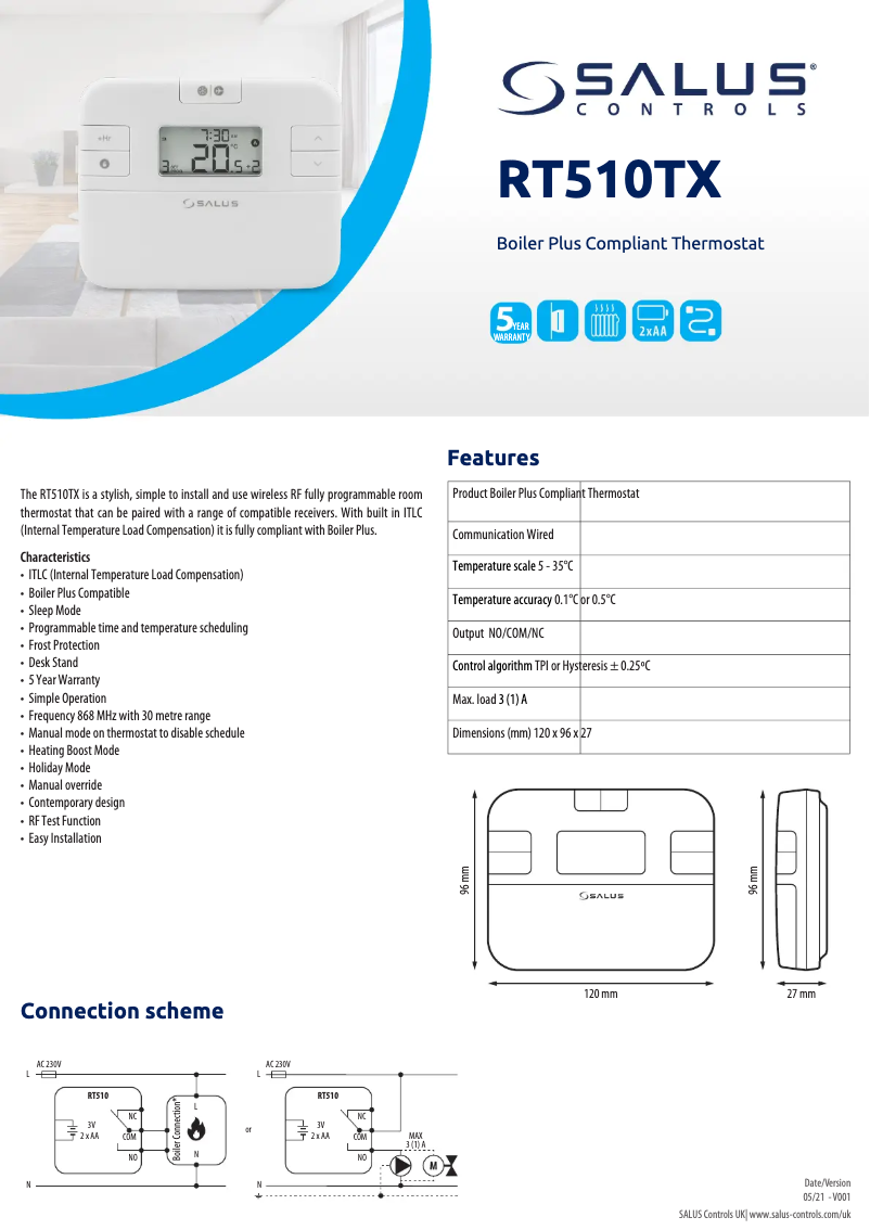 Page 1 de la notice Fiche technique Salus RT510TX+