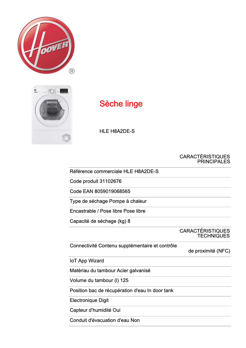 Página 1 del manual Ficha técnica Hoover HLE H8A2DE