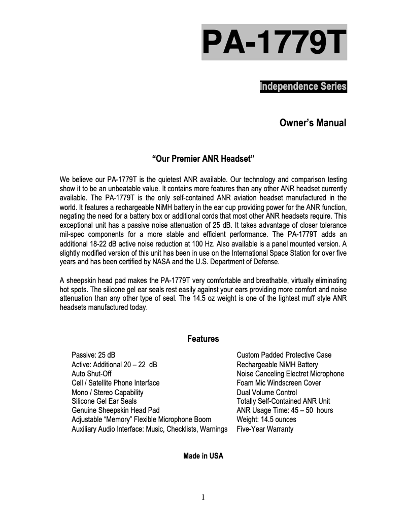 Page 1 de la notice Manuel utilisateur Pilot PA-1779TH