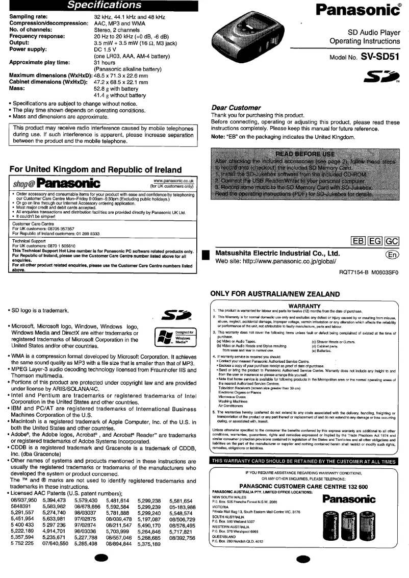 Page 1 de la notice Manuel utilisateur Panasonic SV-SD51GC