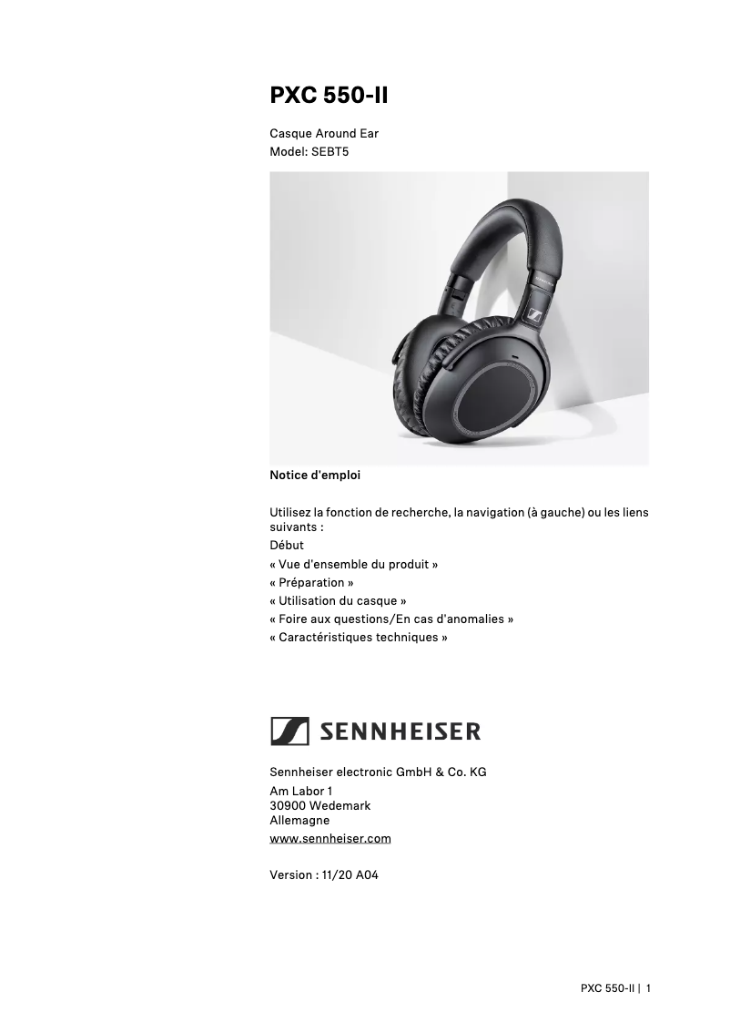 Page 1 de la notice Manuel utilisateur Sennheiser PXC 550-II Wireless