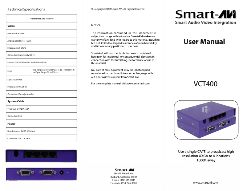 Page 1 de la notice Manuel utilisateur Smart-AVI VCT-400