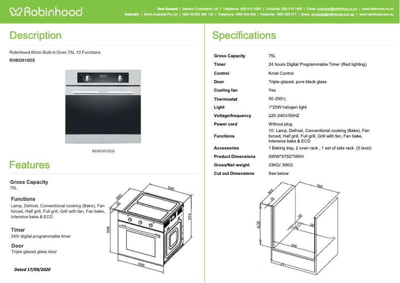 Page 1 de la notice Fiche technique Robinhood RHBO610DX