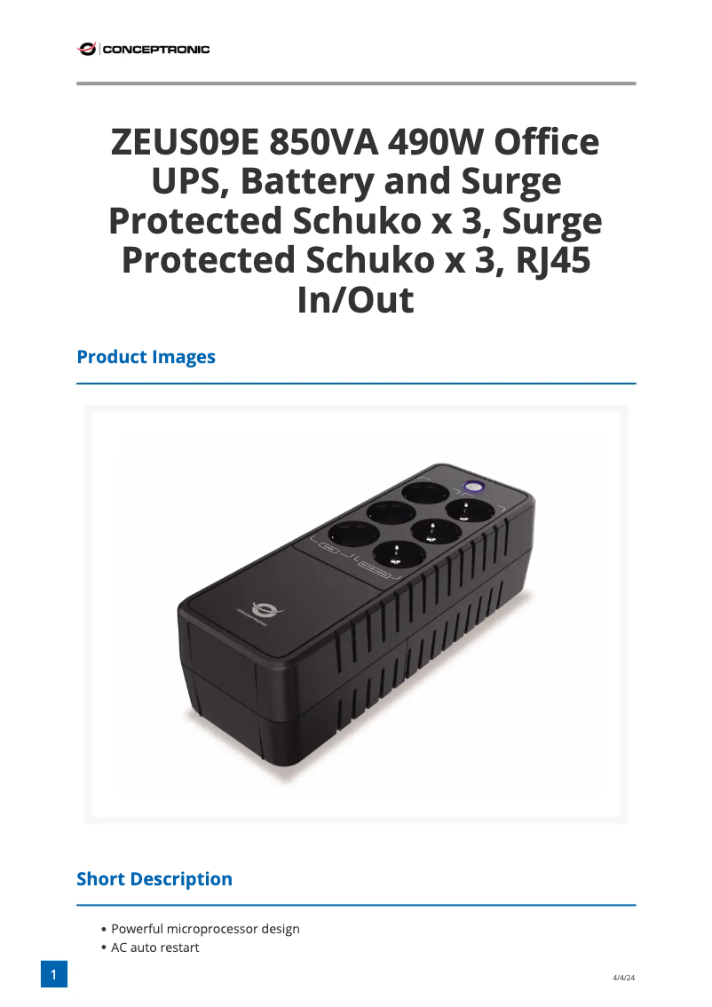 Page 1 de la notice Fiche technique Conceptronic ZEUS09E