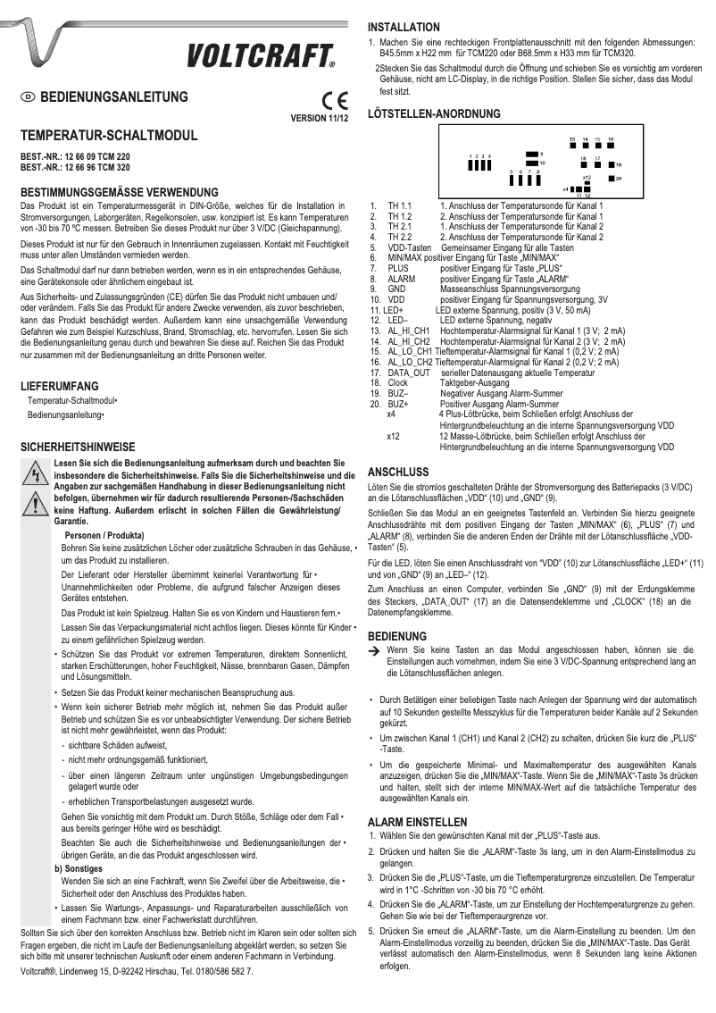 Page 1 de la notice Manuel utilisateur Voltcraft TCM 320