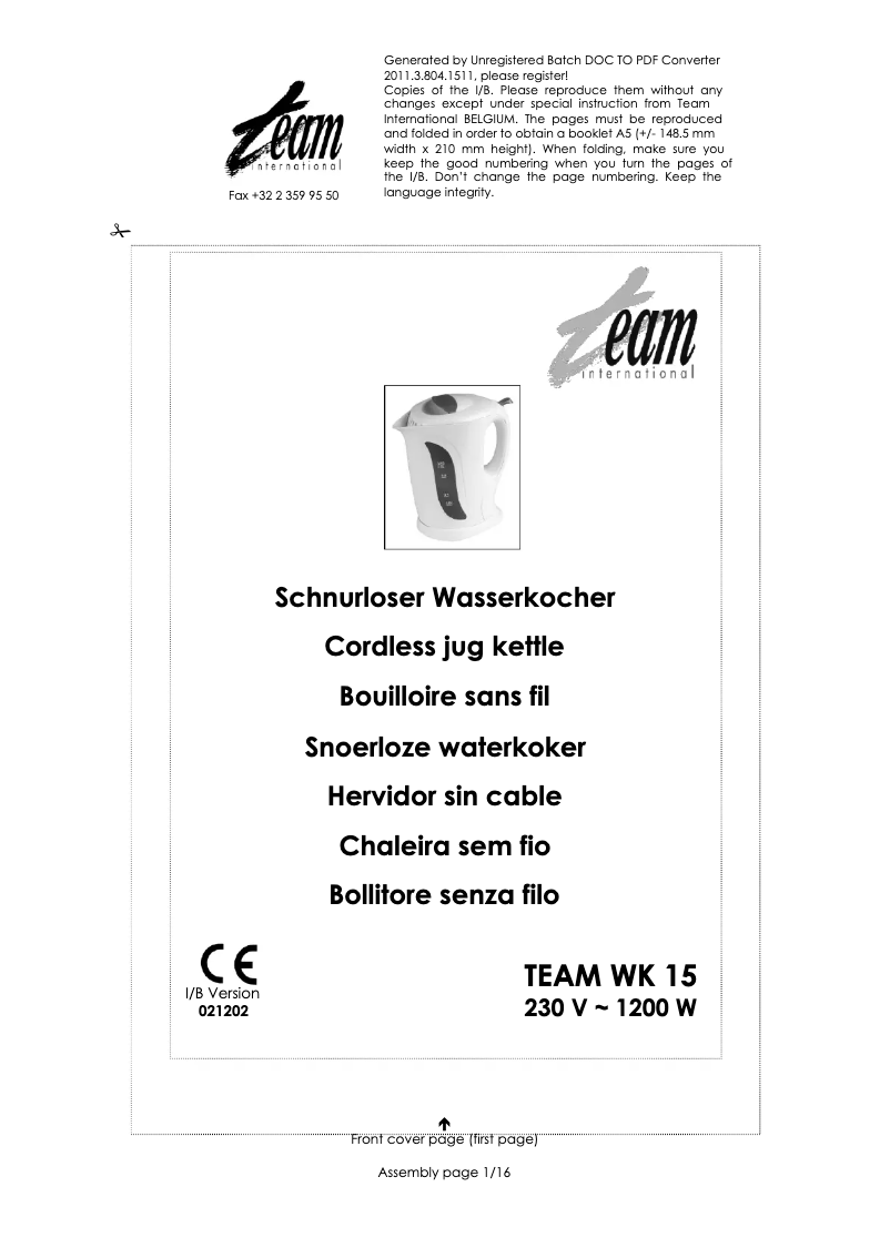 Page 1 de la notice Manuel utilisateur Team WK 15