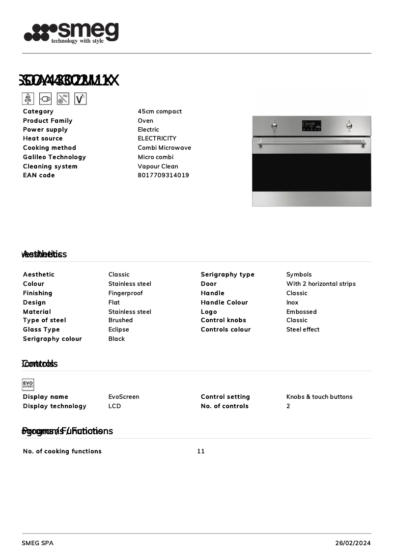 Page 1 de la notice Fiche technique Smeg SOA4302M1X