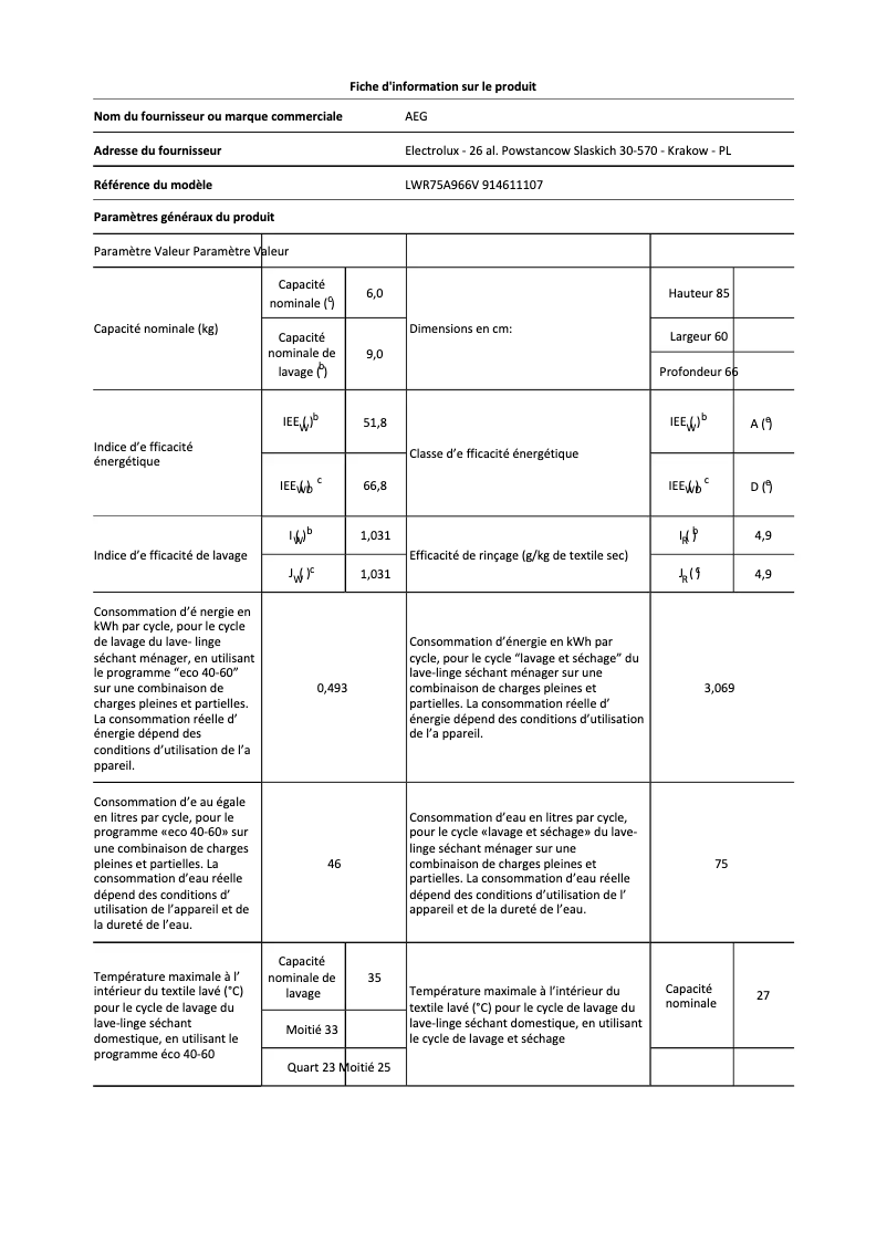 Page 1 de la notice Fiche technique AEG LWR75A966V