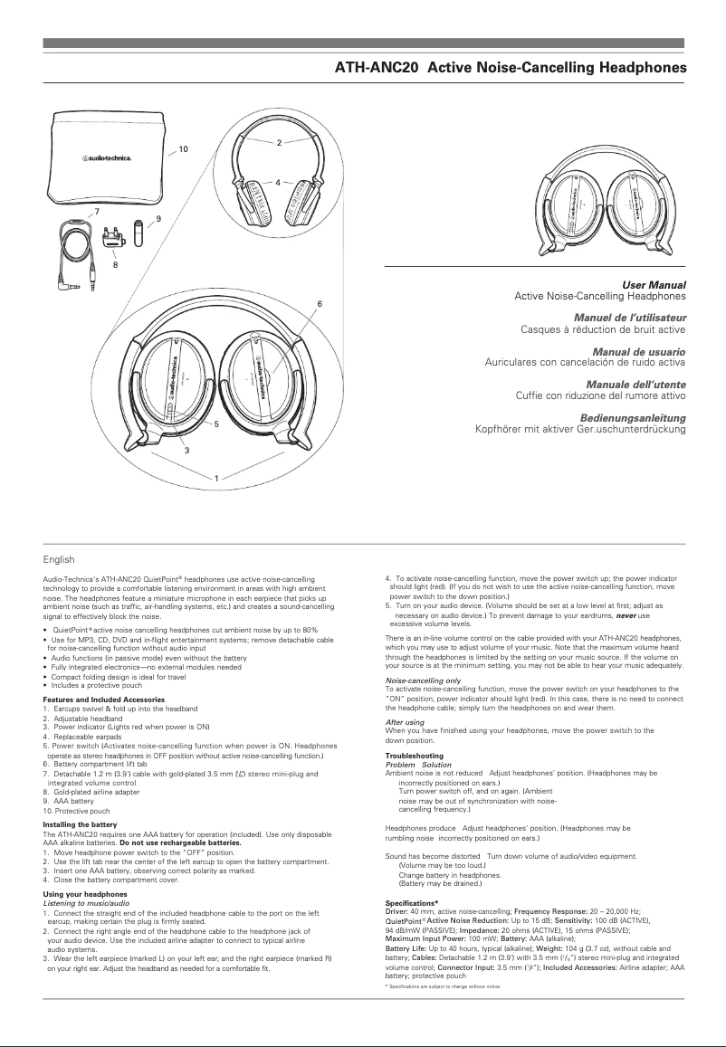 Page 1 of the manual User Manual Audio-Technica ATH-ANC20