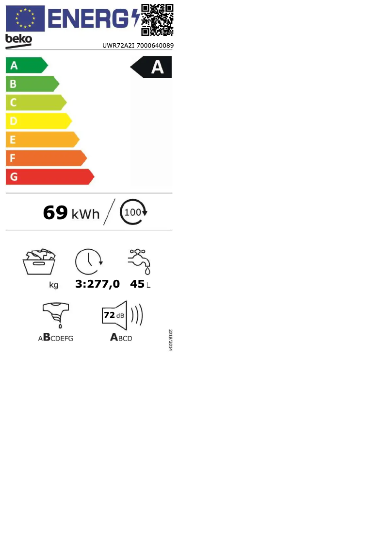 Page 1 de la notice Label énergétique Beko UWR72A2I
