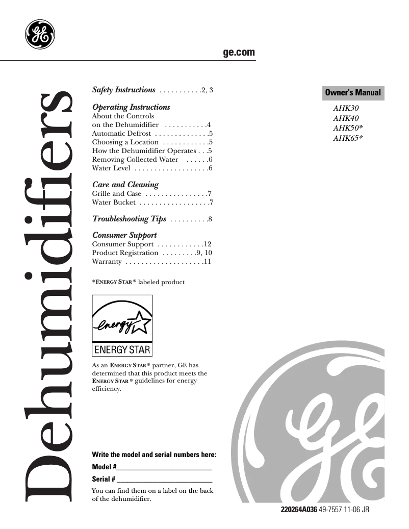 Page 1 de la notice Manuel d'utilisation et d'entretien GE AHK40LK